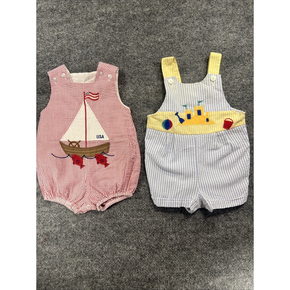 VTG Baby Boy Coastal Romper Lot 6M Seersucker Jon Jon OSH KOSH/BAILEY BOYS